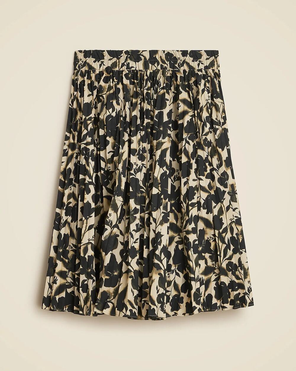 J. Crew Floral High Rise Smocked-Waist Pleated Skirt Black Beige Women's L NWT